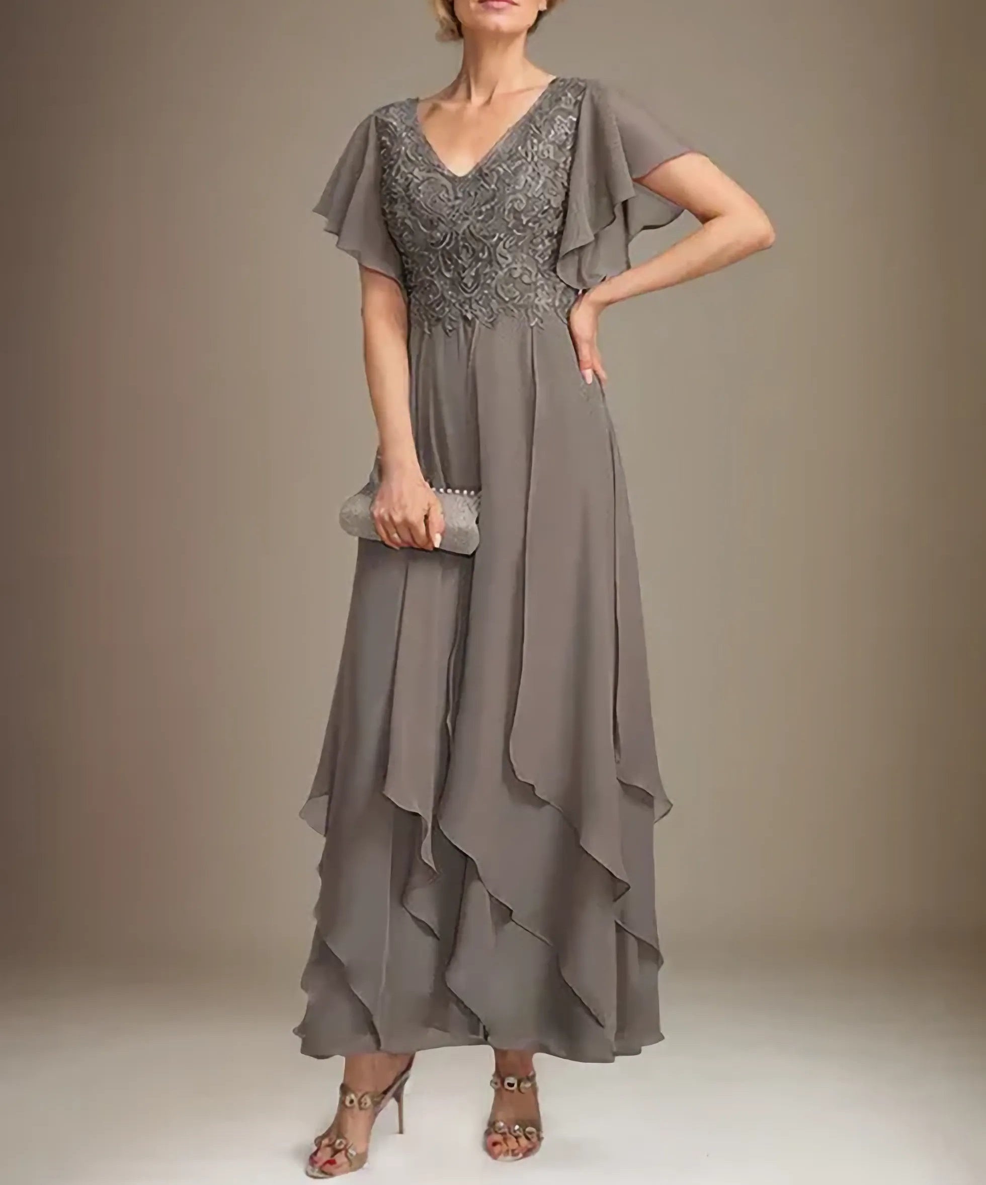 A-line V-Neck Ankle-Length Lace Chiffon Mother of the Bride Dress With Cascading Ruffles