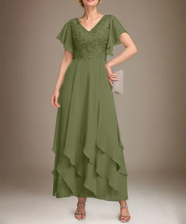 A-line V-Neck Ankle-Length Lace Chiffon Mother of the Bride Dress With Cascading Ruffles