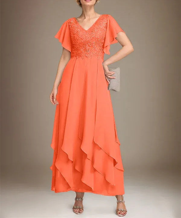 A-line V-Neck Ankle-Length Lace Chiffon Mother of the Bride Dress With Cascading Ruffles