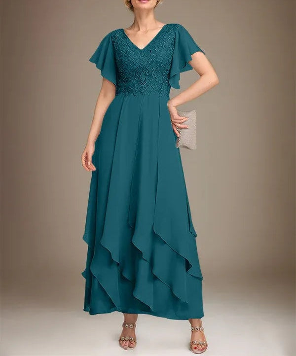 A-line V-Neck Ankle-Length Lace Chiffon Mother of the Bride Dress With Cascading Ruffles
