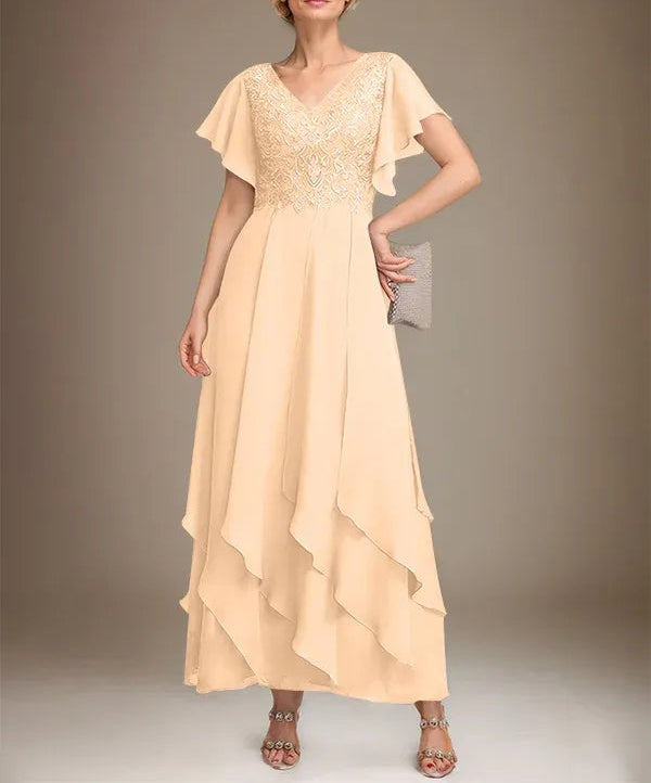 A-line V-Neck Ankle-Length Lace Chiffon Mother of the Bride Dress With Cascading Ruffles