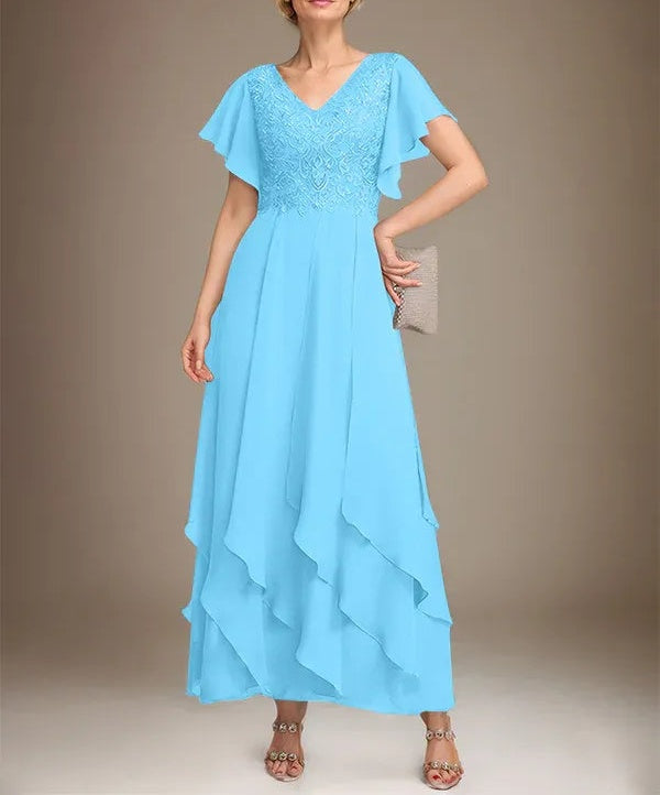 A-line V-Neck Ankle-Length Lace Chiffon Mother of the Bride Dress With Cascading Ruffles