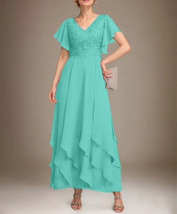 A-line V-Neck Ankle-Length Lace Chiffon Mother of the Bride Dress With Cascading Ruffles