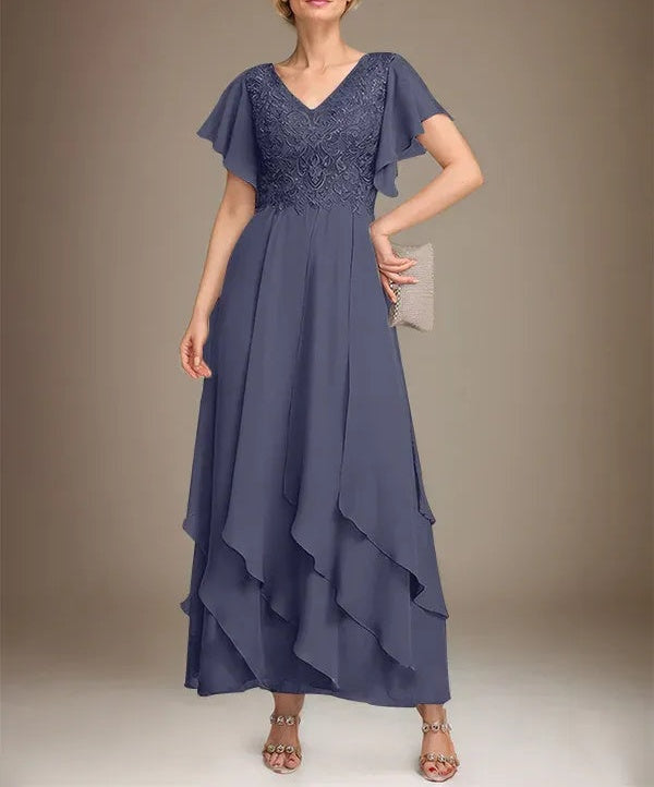 A-line V-Neck Ankle-Length Lace Chiffon Mother of the Bride Dress With Cascading Ruffles