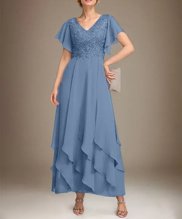 A-line V-Neck Ankle-Length Lace Chiffon Mother of the Bride Dress With Cascading Ruffles