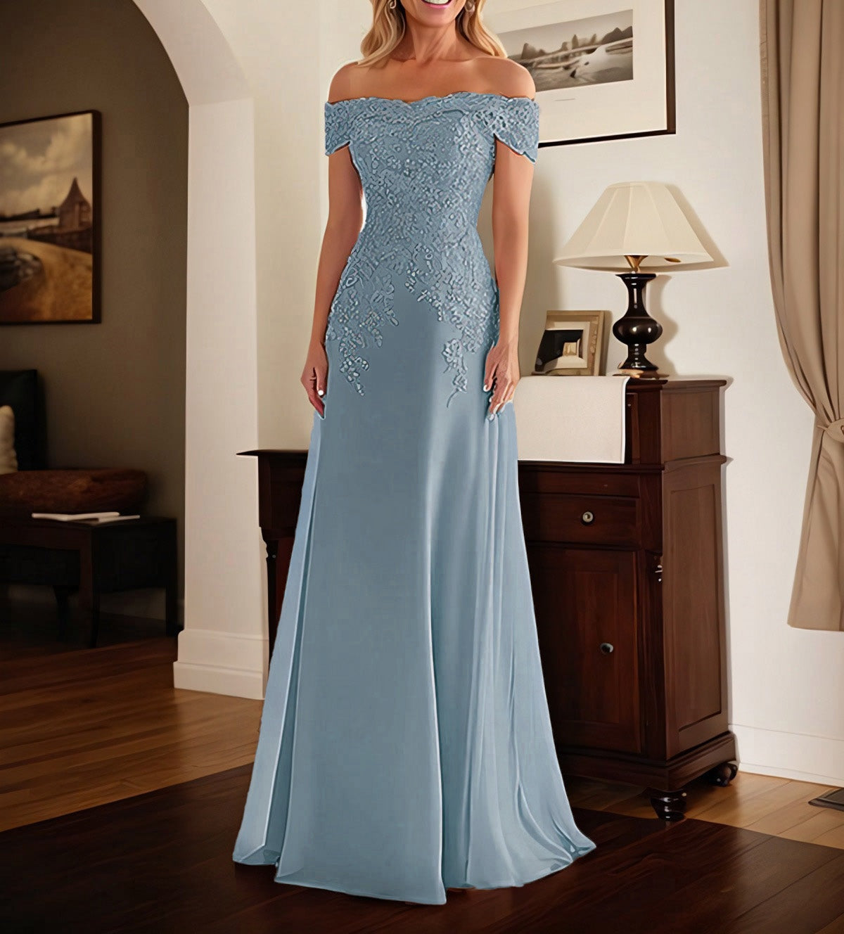 Elegant Taupe Off The Shoulder Sheath Mother of the Bride Dress with Lace