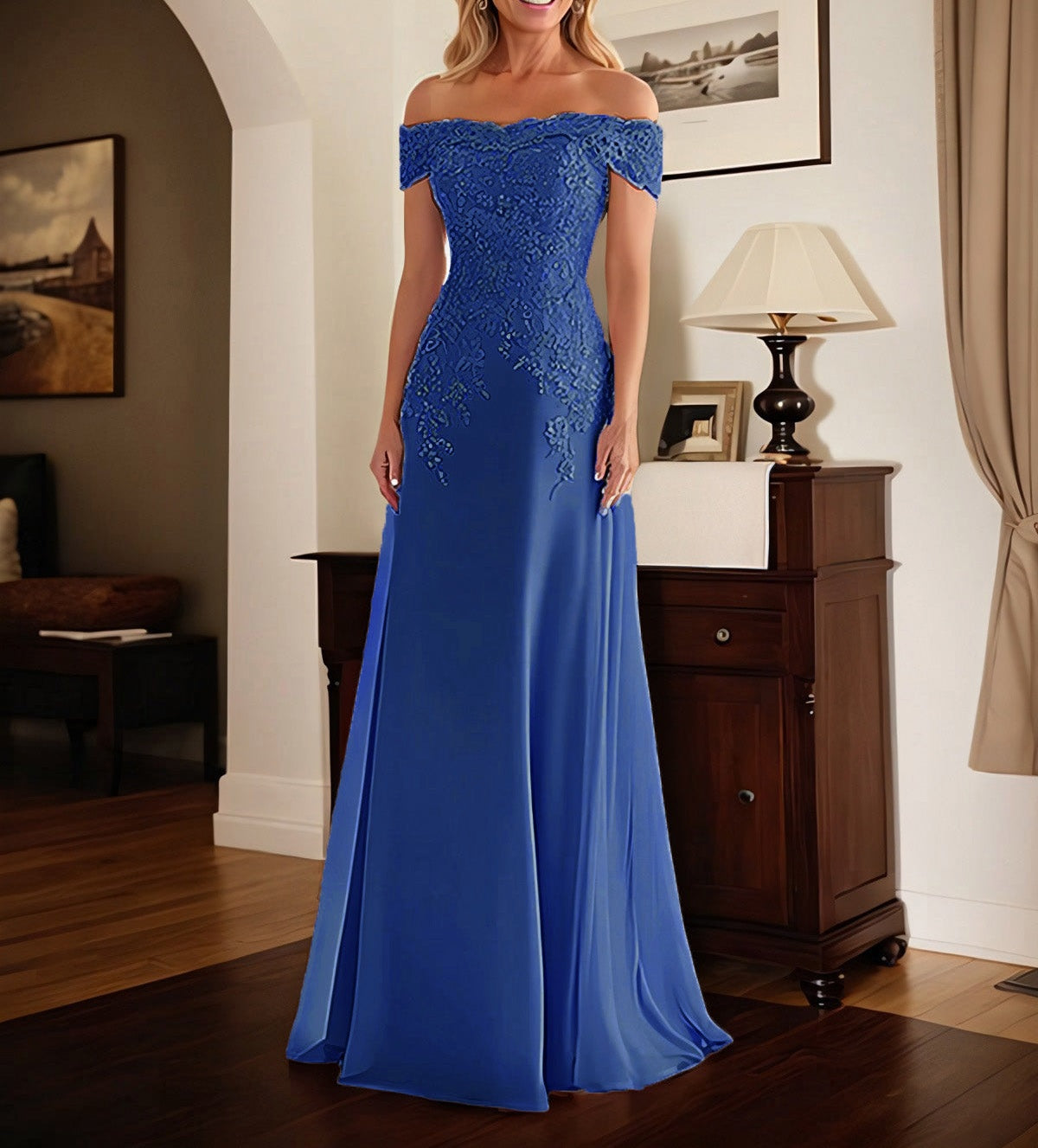 Elegant Taupe Off The Shoulder Sheath Mother of the Bride Dress with Lace