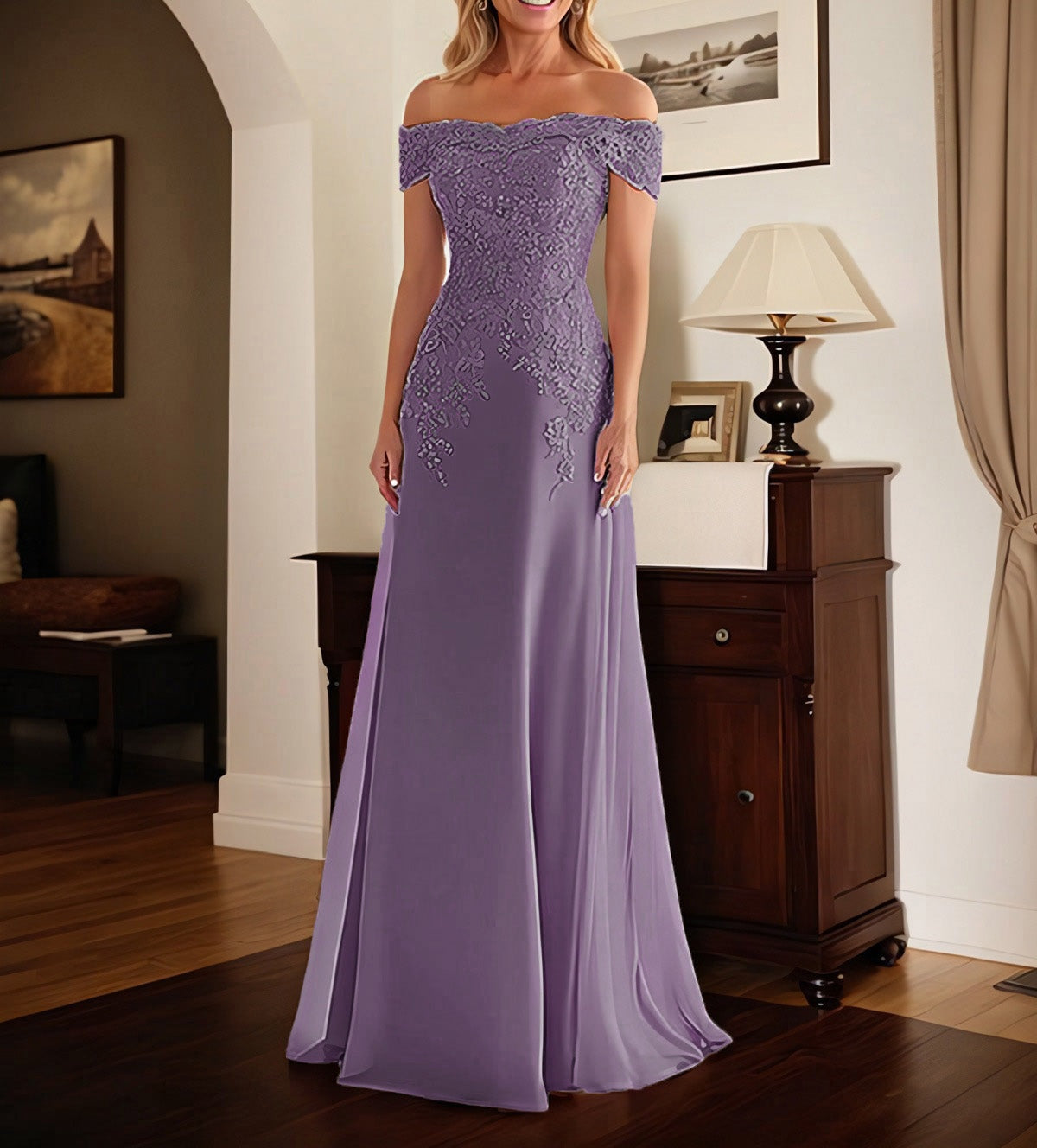 Elegant Taupe Off The Shoulder Sheath Mother of the Bride Dress with Lace
