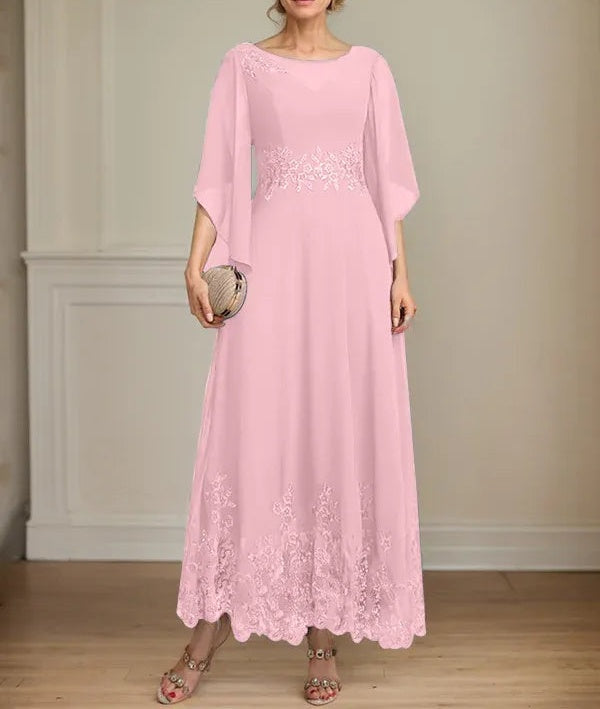 A-line Scoop Illusion Ankle-Length Lace Chiffon Mother of the Bride Dress With Sequins