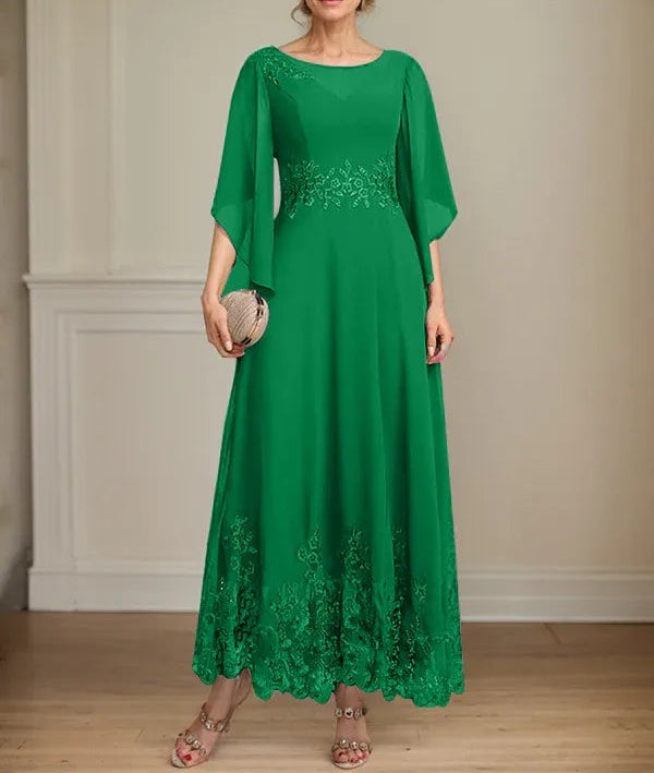A-line Scoop Illusion Ankle-Length Lace Chiffon Mother of the Bride Dress With Sequins