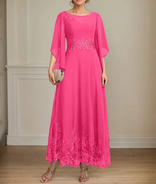 A-line Scoop Illusion Ankle-Length Lace Chiffon Mother of the Bride Dress With Sequins