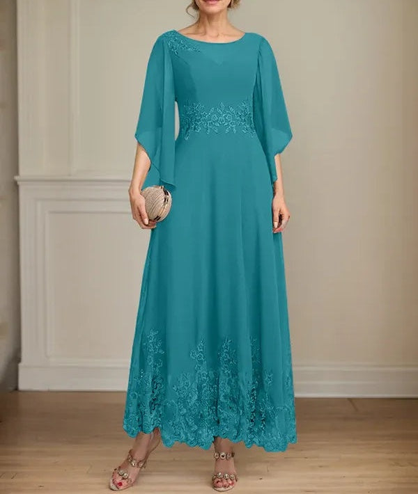 A-line Scoop Illusion Ankle-Length Lace Chiffon Mother of the Bride Dress With Sequins