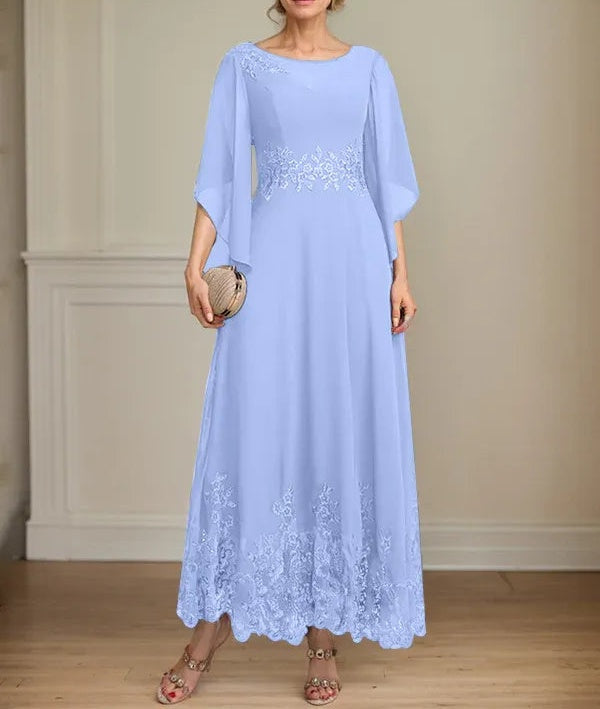 A-line Scoop Illusion Ankle-Length Lace Chiffon Mother of the Bride Dress With Sequins