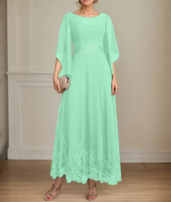 A-line Scoop Illusion Ankle-Length Lace Chiffon Mother of the Bride Dress With Sequins