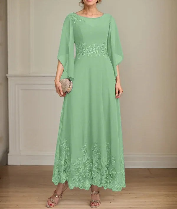 A-line Scoop Illusion Ankle-Length Lace Chiffon Mother of the Bride Dress With Sequins