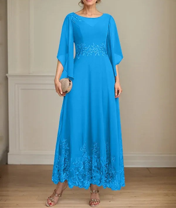 A-line Scoop Illusion Ankle-Length Lace Chiffon Mother of the Bride Dress With Sequins