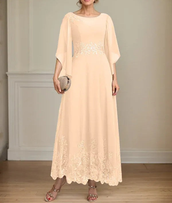 A-line Scoop Illusion Ankle-Length Lace Chiffon Mother of the Bride Dress With Sequins