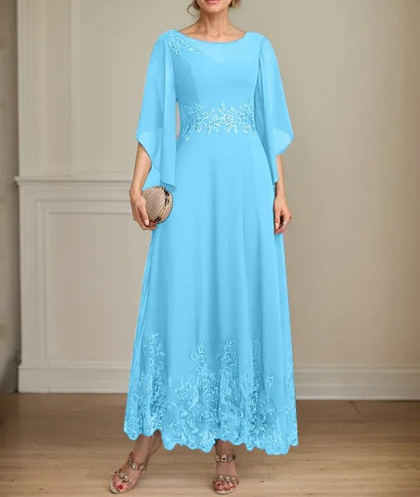 A-line Scoop Illusion Ankle-Length Lace Chiffon Mother of the Bride Dress With Sequins