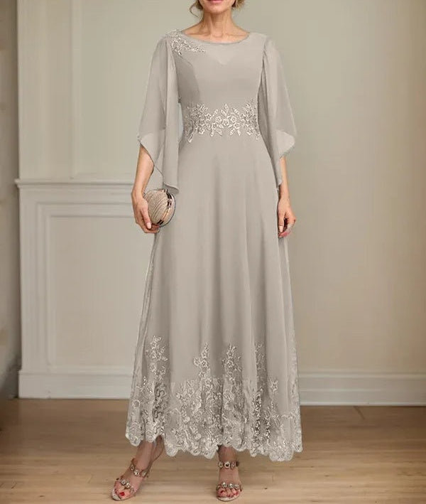 A-line Scoop Illusion Ankle-Length Lace Chiffon Mother of the Bride Dress With Sequins