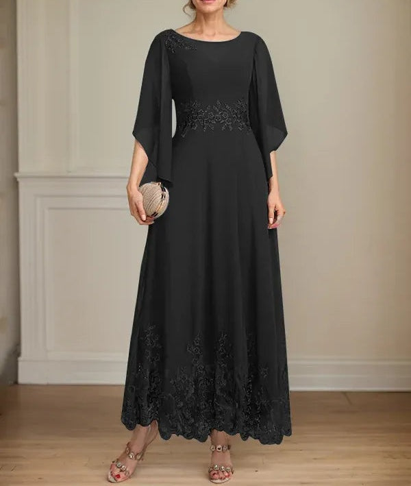 A-line Scoop Illusion Ankle-Length Lace Chiffon Mother of the Bride Dress With Sequins