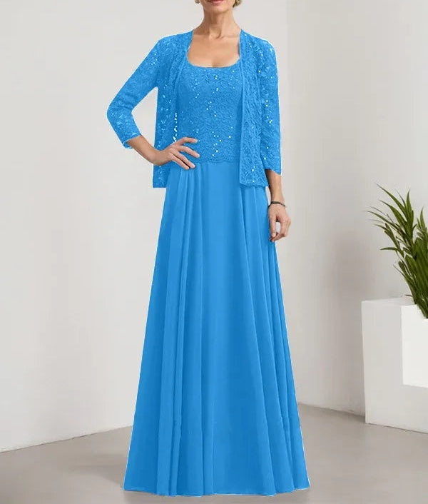 A-line Square Floor-Length Lace Chiffon Mother of the Bride Dress With Sequins