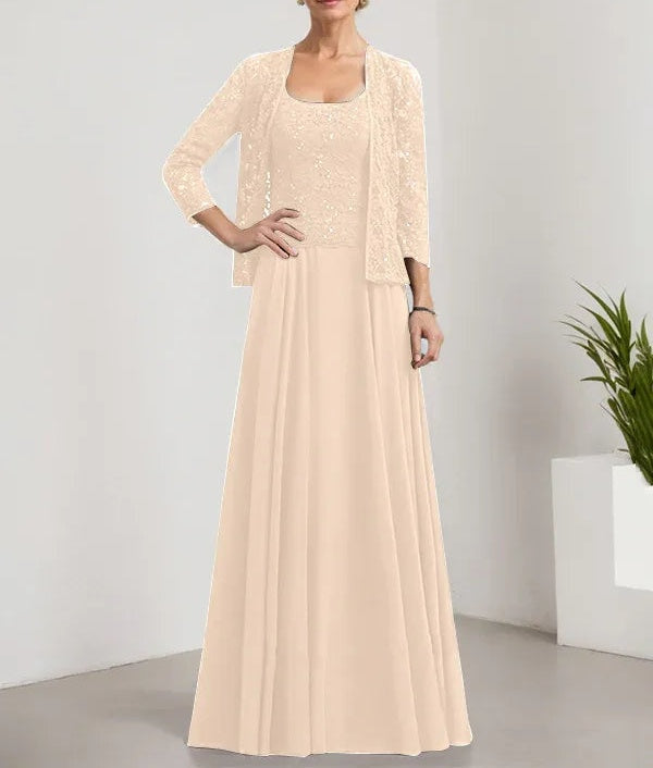 A-line Square Floor-Length Lace Chiffon Mother of the Bride Dress With Sequins
