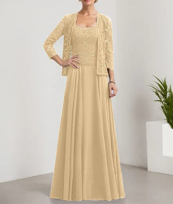 A-line Square Floor-Length Lace Chiffon Mother of the Bride Dress With Sequins