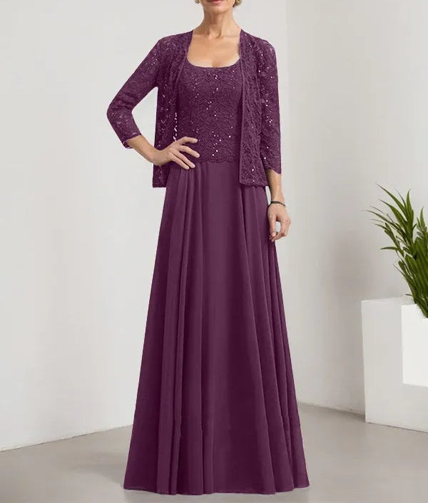 A-line Square Floor-Length Lace Chiffon Mother of the Bride Dress With Sequins