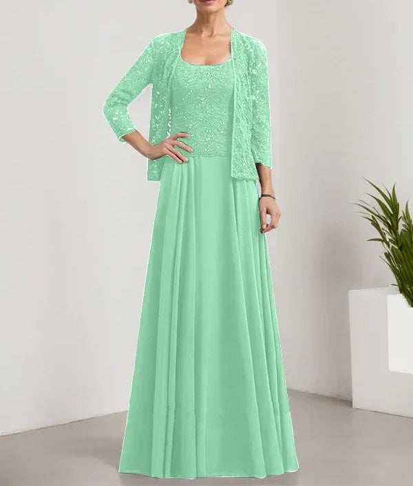 A-line Square Floor-Length Lace Chiffon Mother of the Bride Dress With Sequins