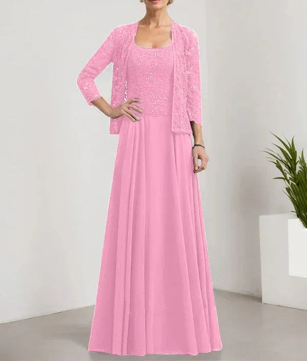 A-line Square Floor-Length Lace Chiffon Mother of the Bride Dress With Sequins