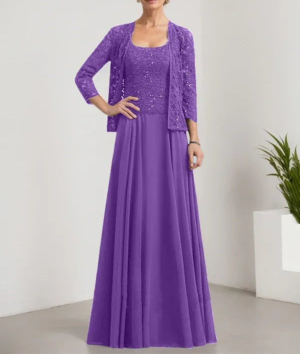 A-line Square Floor-Length Lace Chiffon Mother of the Bride Dress With Sequins
