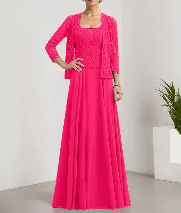 A-line Square Floor-Length Lace Chiffon Mother of the Bride Dress With Sequins