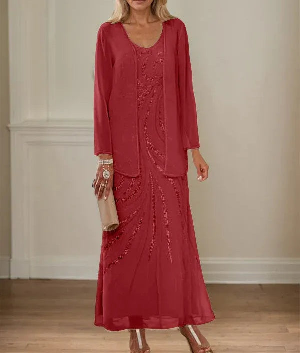 Sheath/Column V-Neck Ankle-Length Mother of the Bride Dresses with Jacket & Sequins