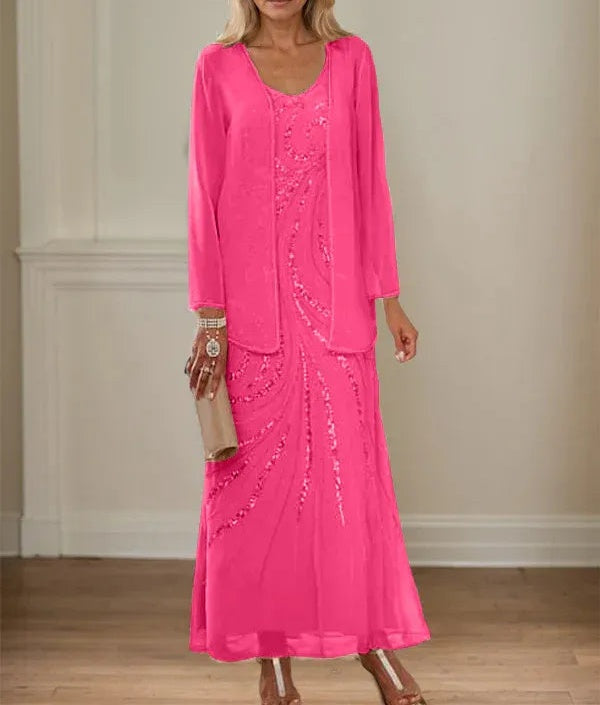 Sheath/Column V-Neck Ankle-Length Mother of the Bride Dresses with Jacket & Sequins