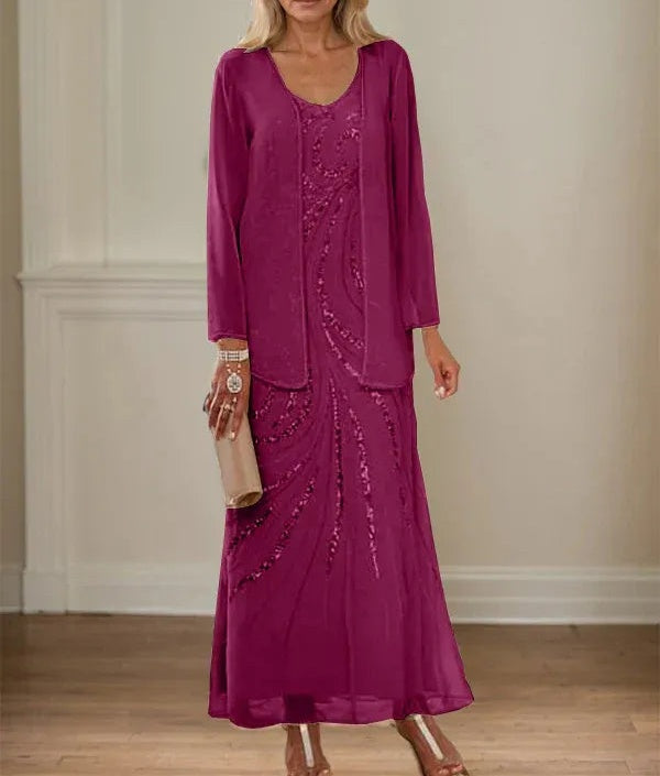 Sheath/Column V-Neck Ankle-Length Mother of the Bride Dresses with Jacket & Sequins