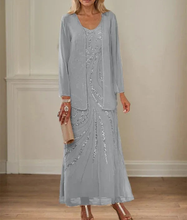 Sheath/Column V-Neck Ankle-Length Mother of the Bride Dresses with Jacket & Sequins