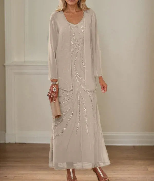 Sheath/Column V-Neck Ankle-Length Mother of the Bride Dresses with Jacket & Sequins
