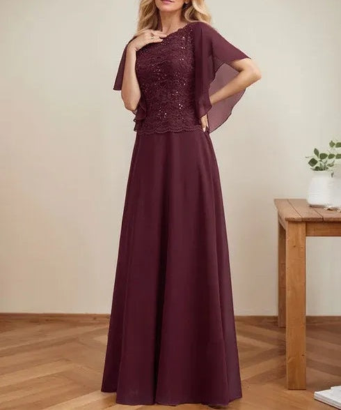 A-line Scoop Illusion Floor-Length Lace Chiffon Mother of the Bride Dress With Sequins