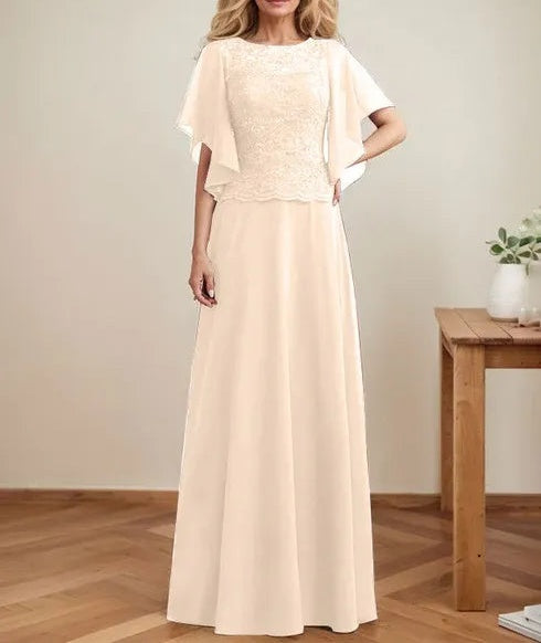 A-line Scoop Illusion Floor-Length Lace Chiffon Mother of the Bride Dress With Sequins