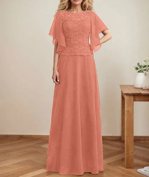 A-line Scoop Illusion Floor-Length Lace Chiffon Mother of the Bride Dress With Sequins