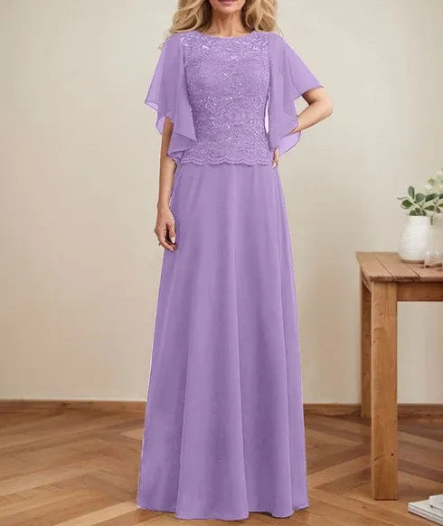 A-line Scoop Illusion Floor-Length Lace Chiffon Mother of the Bride Dress With Sequins