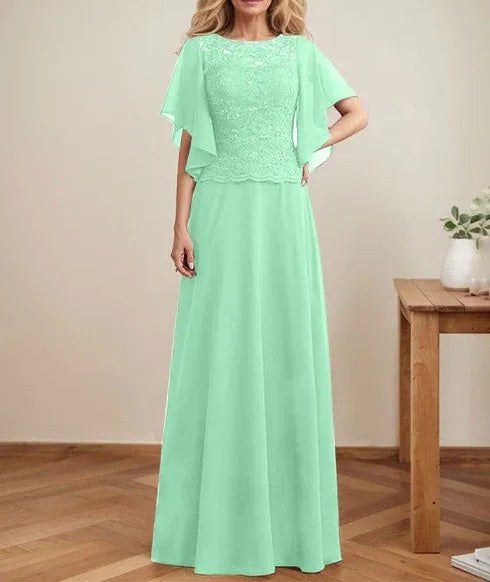 A-line Scoop Illusion Floor-Length Lace Chiffon Mother of the Bride Dress With Sequins