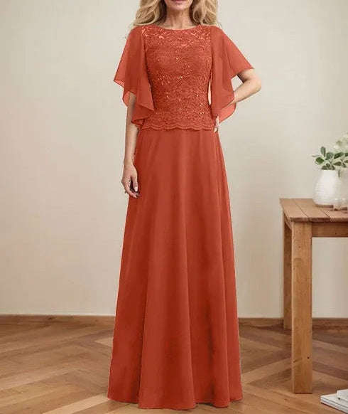 A-line Scoop Illusion Floor-Length Lace Chiffon Mother of the Bride Dress With Sequins