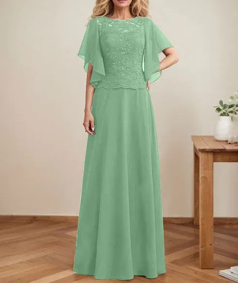 A-line Scoop Illusion Floor-Length Lace Chiffon Mother of the Bride Dress With Sequins