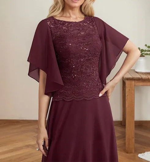 A-line Scoop Illusion Floor-Length Lace Chiffon Mother of the Bride Dress With Sequins