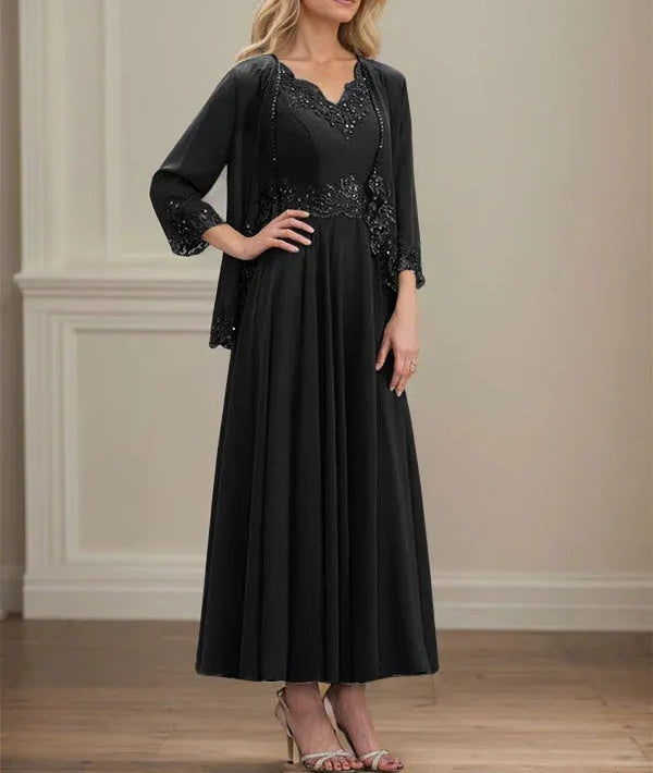 A-line V-Neck Ankle-Length Chiffon Mother of the Bride Dress With Sequins Appliques Lace Beading