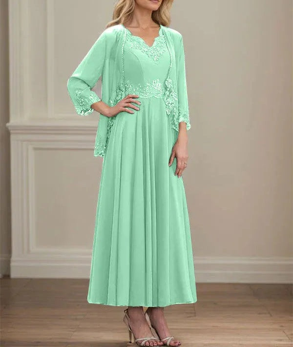 A-line V-Neck Ankle-Length Chiffon Mother of the Bride Dress With Sequins Appliques Lace Beading