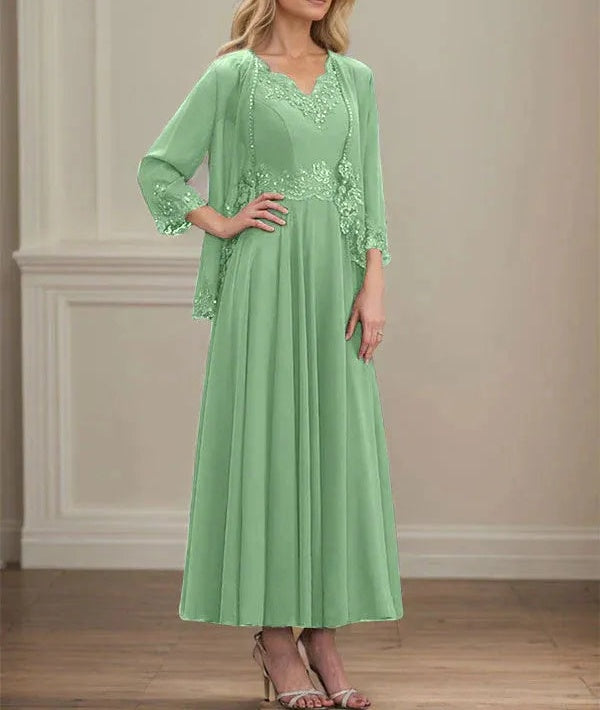 A-line V-Neck Ankle-Length Chiffon Mother of the Bride Dress With Sequins Appliques Lace Beading