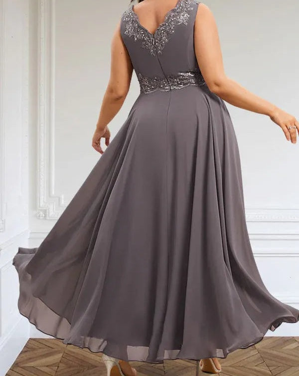 A-line V-Neck Ankle-Length Chiffon Mother of the Bride Dress With Sequins Appliques Lace Beading