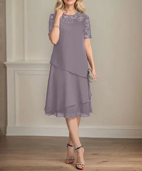 A-line Scoop Illusion Knee-Length Lace Chiffon Mother of the Bride Dress With Sequins